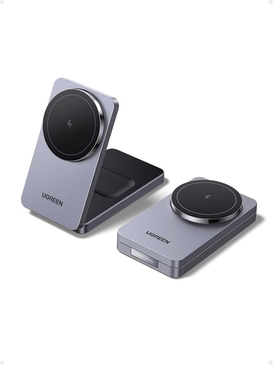 UGREEN MagFlow Wireless Charger Stand 2 in 1, Qi 15W Fast Charge Charging Station Compatible for Magsafe Charger Stand, for iPhone 16/15/14/13/12 Series, AirPods 3/2/Pro (No AC Adapter)