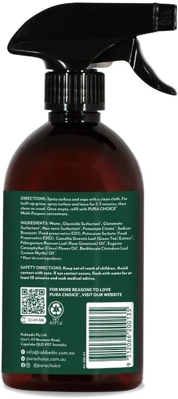 PURA CHOICE® Safe & Natural, Asthma & Allergy Friendly Streak Free Multi-Purpose Cleaner with Rose Geranium & Lemon Myrtle Premium Pure Essential Oil. Includes: 1 x 500mL plus 1 x 100mL Concentrate = 1L of Multi-Purpose Cleaner