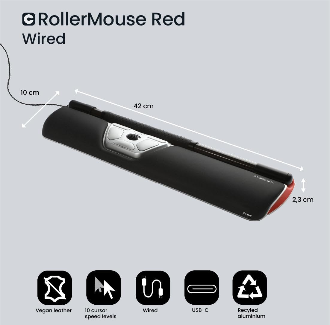 Contour Design RollerMouse Red– Ergonomic Mouse with Memory Foam Palm Support | Ideal for RSI and Carpal Tunnel | Mac & PC Compatible | Ambidextrous Wired Mouse for PC, Mac & Laptop