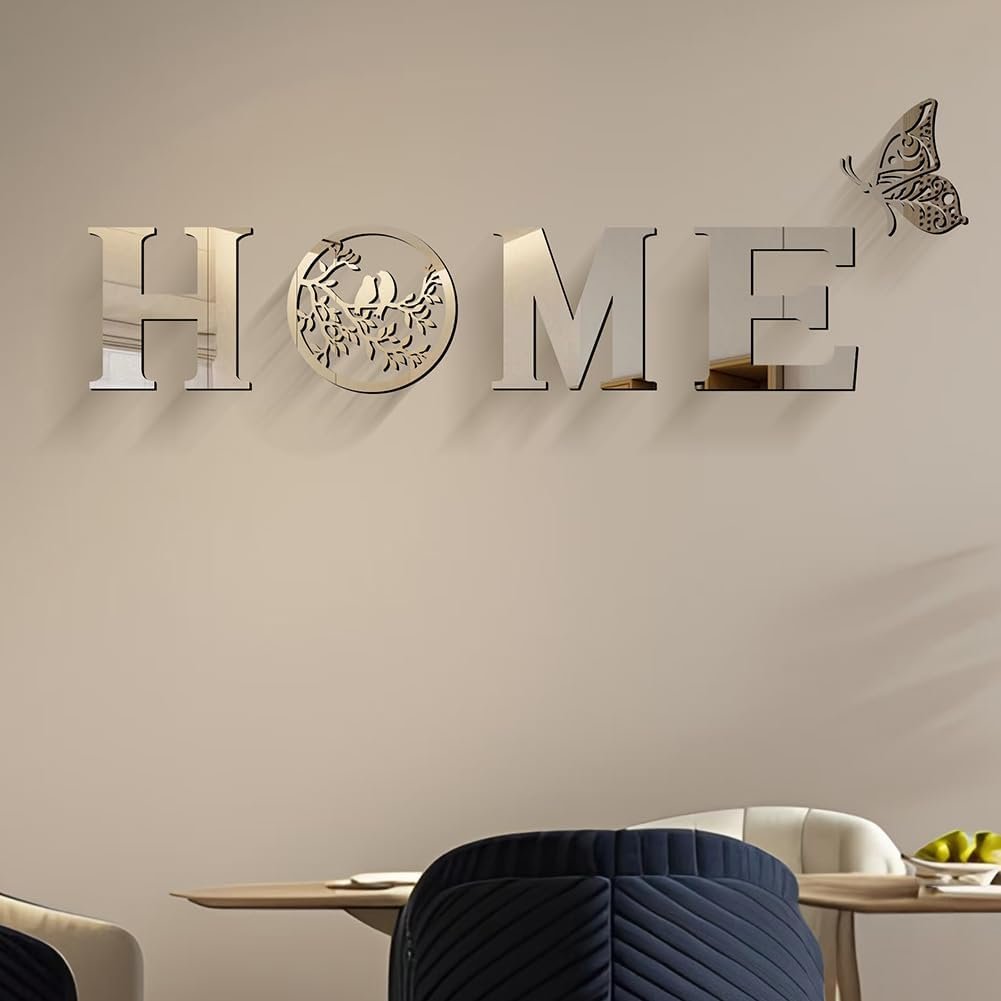 CrazyDeal Home Signs Wall Decor Letter Signs Length Mirror Wall Stickers Decorations for Living Room Bedroom Farmhouse The Home Modern Decorations Bird Wall Art Large（Silver Acrylic,49.2 X 15.7 Inch）