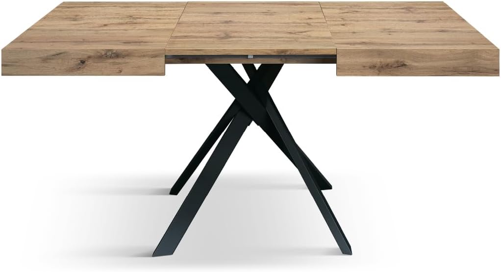 PAZZO DESIGN Leonardo Extendable Table, Black Cross Legs, Made In Italy, Rustic Oak, Kitchen Table, Dining Room Table, Extendable Table, 95 x 90 x 76 cm - id_2129