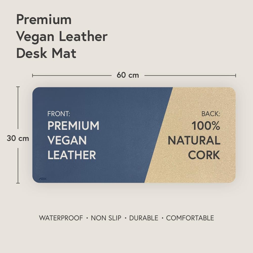 ARK Vegan Leather Desk Pad, Natural Cork Base Desk Mat, Non-Slip Large Mouse Pad, Comfortable for Your Keyboard, Laptop, and Mouse. Ideal Home Office Desk Accessories for Gaming and Remote Work Gifts