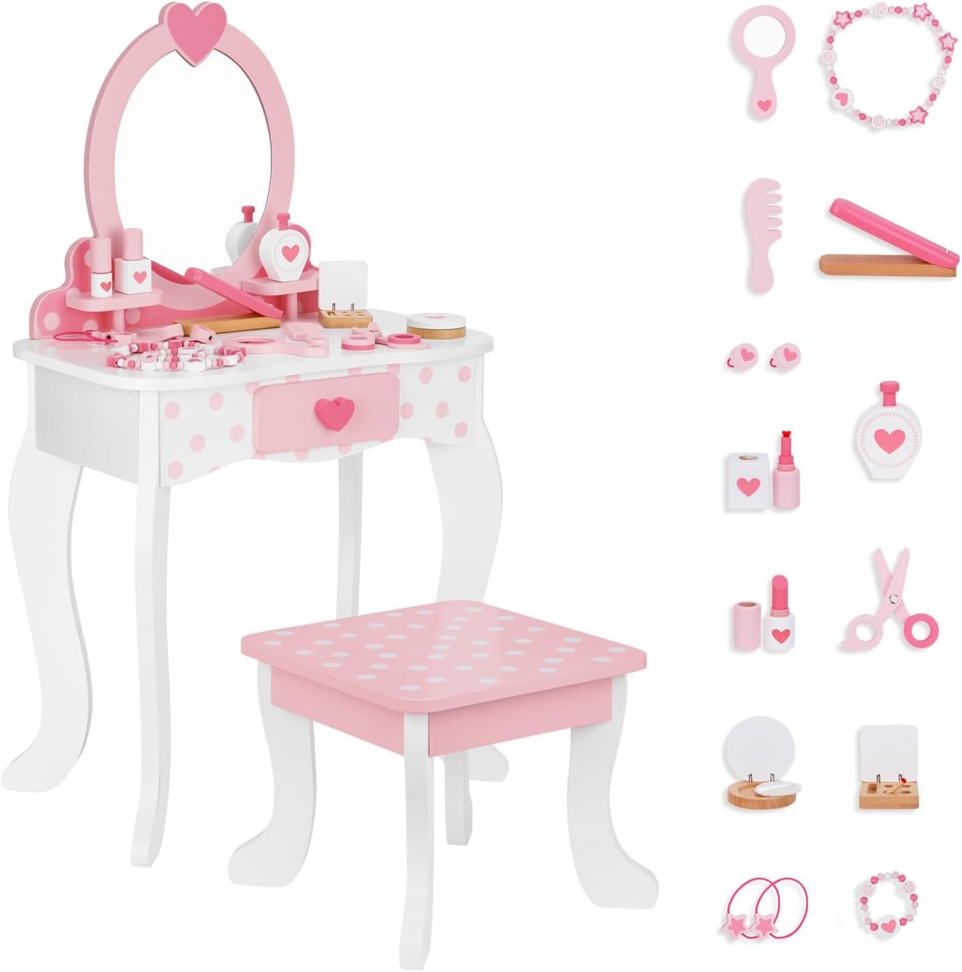 OOOK Kids Vanity Set, Table & Chair Vanity Set with Mirror and 15 pcs Interesting Make-up Accessories, Pink Makeup Dressing Table with Storage Drawer, Premium Gift for Girls.