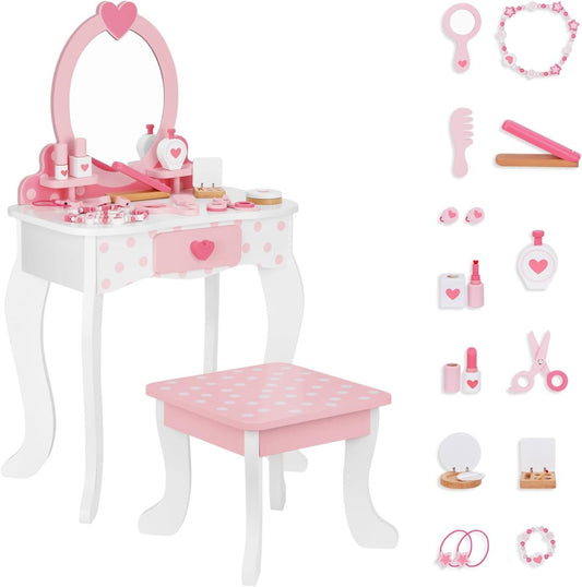OOOK Kids Vanity Set, Table & Chair Vanity Set with Mirror and 15 pcs Interesting Make-up Accessories, Pink Makeup Dressing Table with Storage Drawer, Premium Gift for Girls.