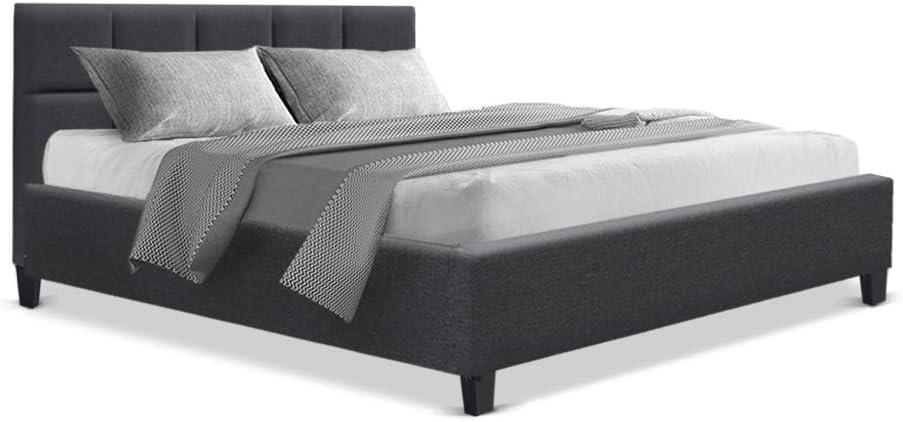 Artiss Double Bed Frame Platform Checkered Headboard Wooden Beds Base Frames Bedroom Room Decor Home Furniture, Upholstered with Charcoal Faux Linen Fabric + Foam + Wood, Modern Design