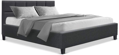 Artiss Double Bed Frame Platform Checkered Headboard Wooden Beds Base Frames Bedroom Room Decor Home Furniture, Upholstered with Charcoal Faux Linen Fabric + Foam + Wood, Modern Design