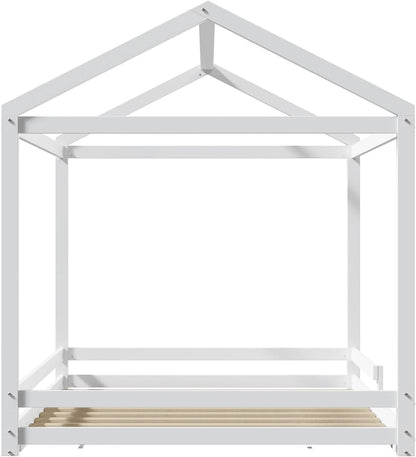 Oikiture Kids Double Bed Frame, Wooden Bed Frame with Pine Wood Timber Platform Bed Slat Support for Baby Toddler, White