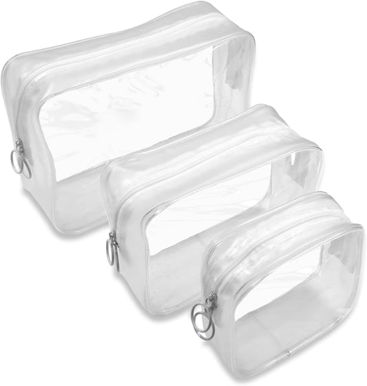 Set of 3 Clear Cosmetic Bags, Double Zipper Sliders Clear Travel Makeup Bags, Water Resistant Toiletry Bags, Portable Clear Pouches, Transparent Travel Pouch Bags (White)