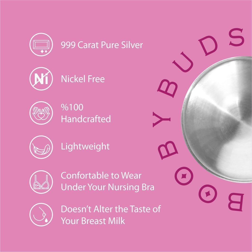 BoobyBuds The Original Silver Nursing Cups 999 Silver - Nipple Shields for Nursing Newborns - 100% Pure 999 Silver - Universal Fit - Soothe and Protect Sore Nipples - Essential for Breastfeeding Mothers (999 Silver XL Silicone Rings)