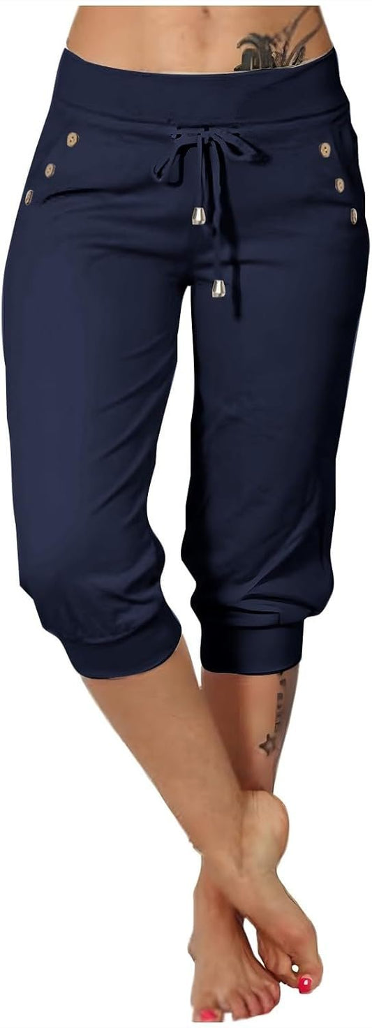 Capri Pants for Women Summer Casual Cropped Trousers 3/4 Stretchy Drawstring Workout Sweatpant Elasticated Waist Shorts