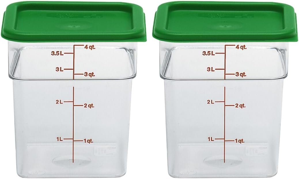 Cambro 4 Qt Food Storage Containers with Green Lid – Set of 2 in Clear for Industrial and Kitchen Use, Pantry Organization, Baking Ingredients and Sous Vide