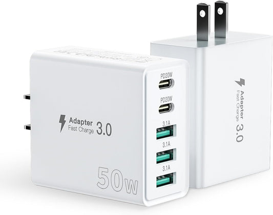 USB C Charger, 5-Port 50W Dual USB-C+ 3 USB-A Multiport Fast Charging Block Power Adapter Plug Brick for Apples iPhone 16 15 14 13 12 11 Pro Max XS XR X, iPad, Google Pixel 8/7/6, Tablet, Galaxy