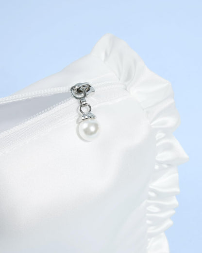 xo, Fetti White Satin Bride Cosmetic Bag | Bachelorette Party Decorations, Bride To Be Purse, Bridal Shower Accessory, GRWM Makeup Bag, White, Ruffle