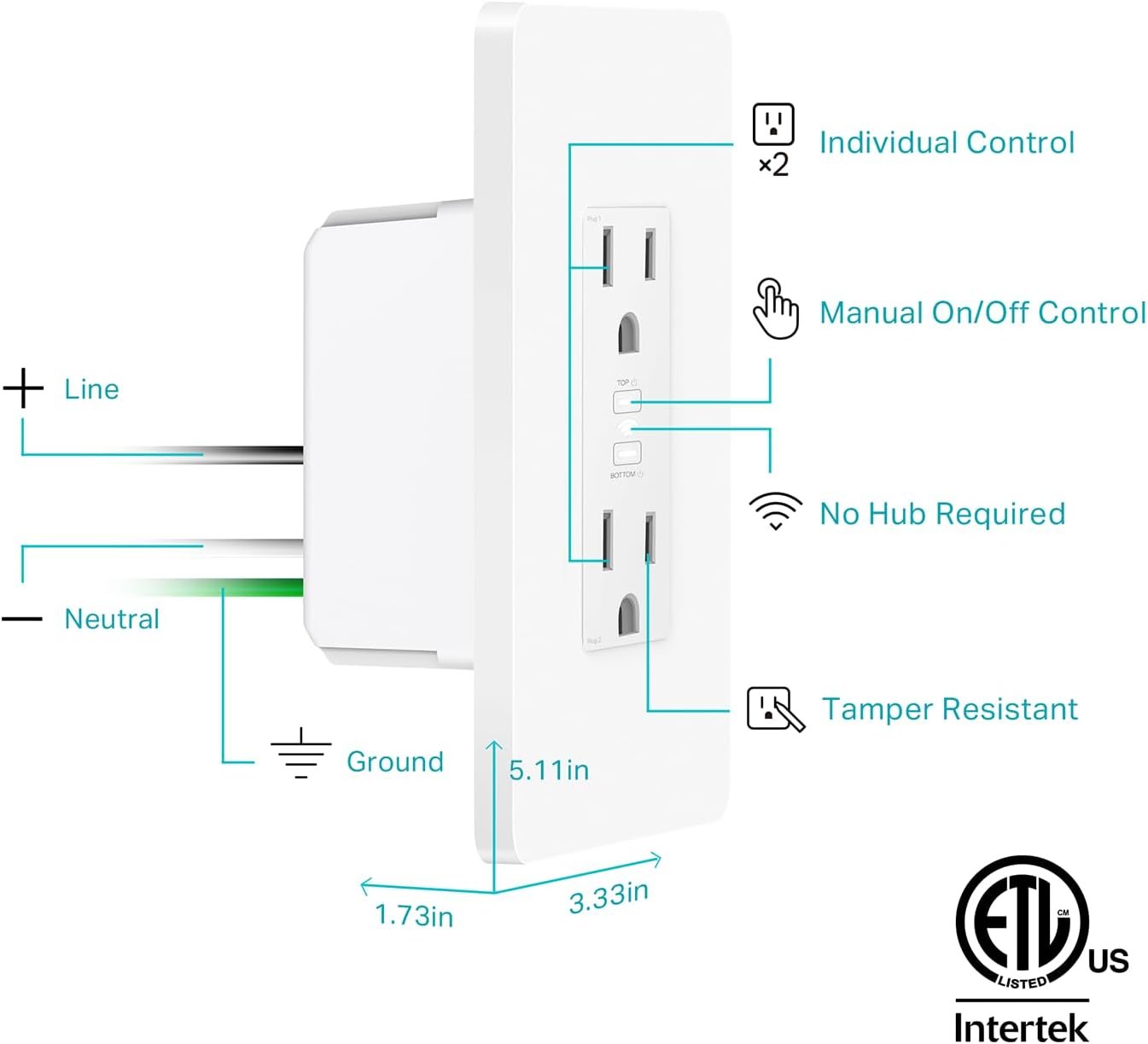 Kasa Smart In-Wall WiFi Outlet by TP-Link (KP200) - Neutral Wire and 2.4GHz Wi-Fi Connection Required, Works with Alexa, Echo and Google Home, No Hub Required, Remote Control, UL Certified White