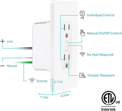 Kasa Smart In-Wall WiFi Outlet by TP-Link (KP200) - Neutral Wire and 2.4GHz Wi-Fi Connection Required, Works with Alexa, Echo and Google Home, No Hub Required, Remote Control, UL Certified White