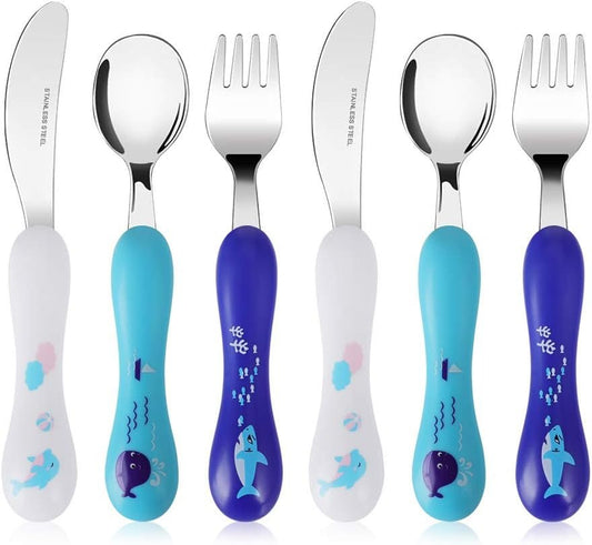 Lehoo Castle Children's Cutlery Set Stainless Steel Flatware 6 Pcs, 3 x Spoon, 3 x Fork, Toddler Utensils Travel Cutlery for Kids Polished Silverware (Ocean)