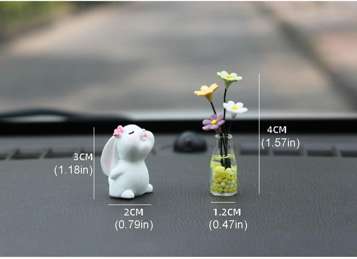 Generic Set of 2 Cute Mini Bunny and Daisy Flower Vase Car Rearview Mirror Ornaments Funny Dashboard Decorations Kawaii Car Interior Accessories for Women Gifts