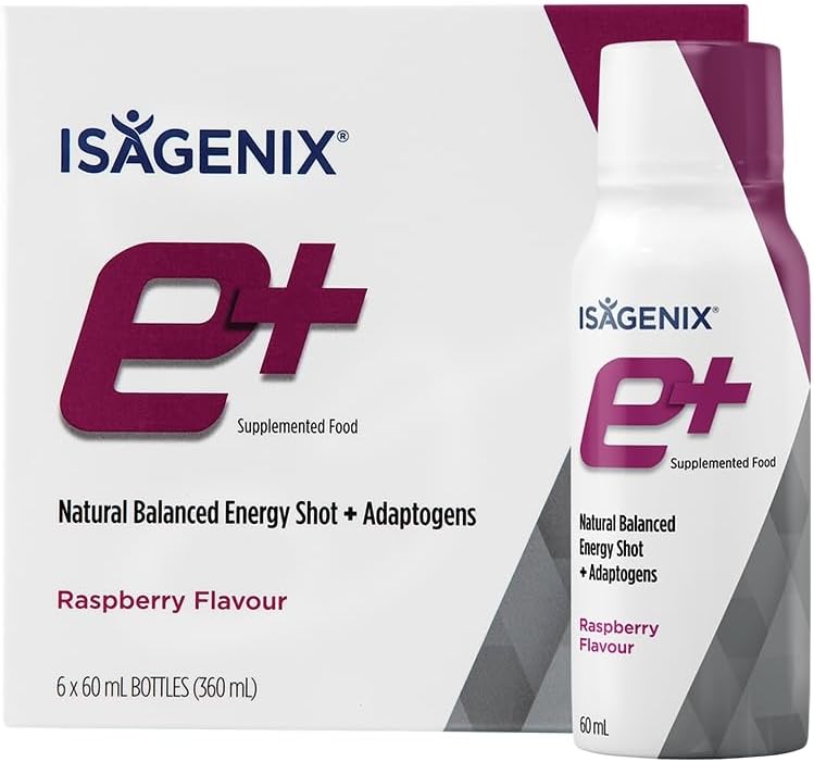 ISAGENIX Energy Shot with Adaptogens - E+ Shot - Energy Drink - 60 ml Size - Pack of 6 - Raspberry