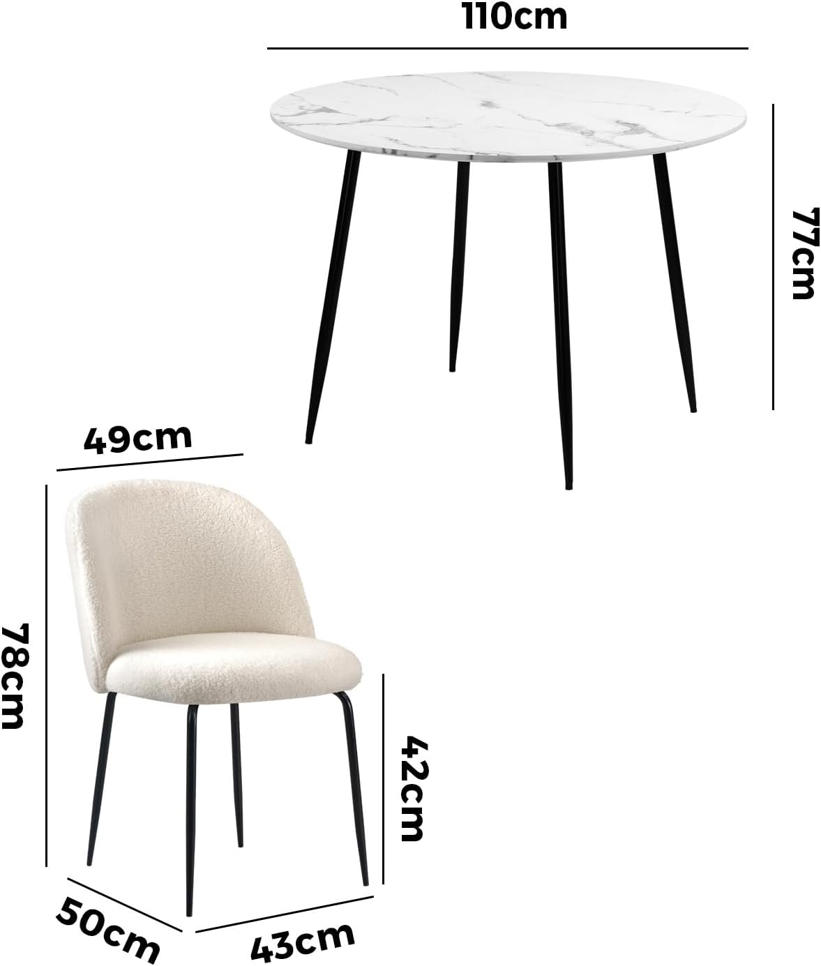 Oikiture Dining Sets with Marble Round Dining Table and Sherpa Dining Chairs Set of 4 White
