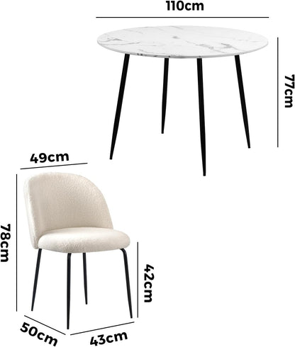 Oikiture Dining Sets with Marble Round Dining Table and Sherpa Dining Chairs Set of 4 White