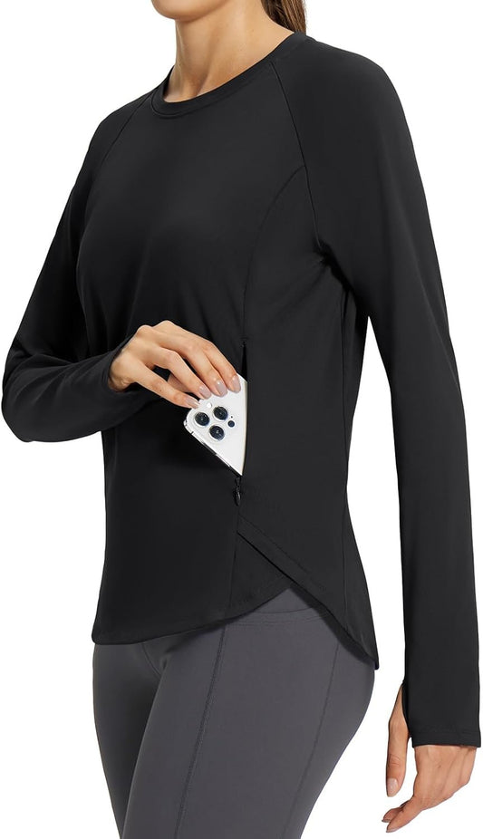 baleaf Women's Thermal Running Shirts Long Sleeve Fleece Workout Tops Thumbholes Zipper Pocket Cold Weather Gear Athletic