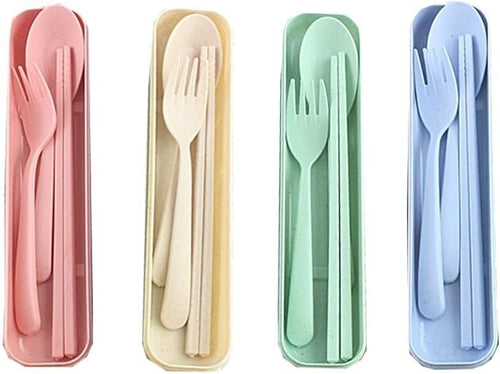 4 Sets Wheat Straw Cutlery, Food-Grade Cutlery Set, Reusable Portable Travel Utensil Set with Case, Camping Utensils Spoon Knife Fork Tableware Set, for Kids Adult (4 Colors)