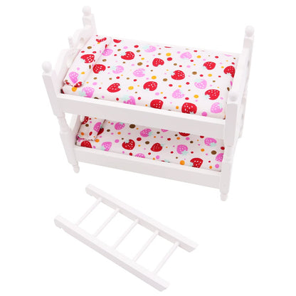 WANGCL Doll Bed 1/12 Miniature Bunk Bed Wooden Dollhouse Furniture for Barbie Dolls Bed Decoration - Strawberry Pattern