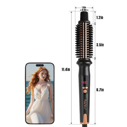 Curling Iron Brush, Ceramic Tourmaline Ionic Hair Curling Wand, Curling Brush with Barrel & Anti-Scald Bristles for All Hair Types