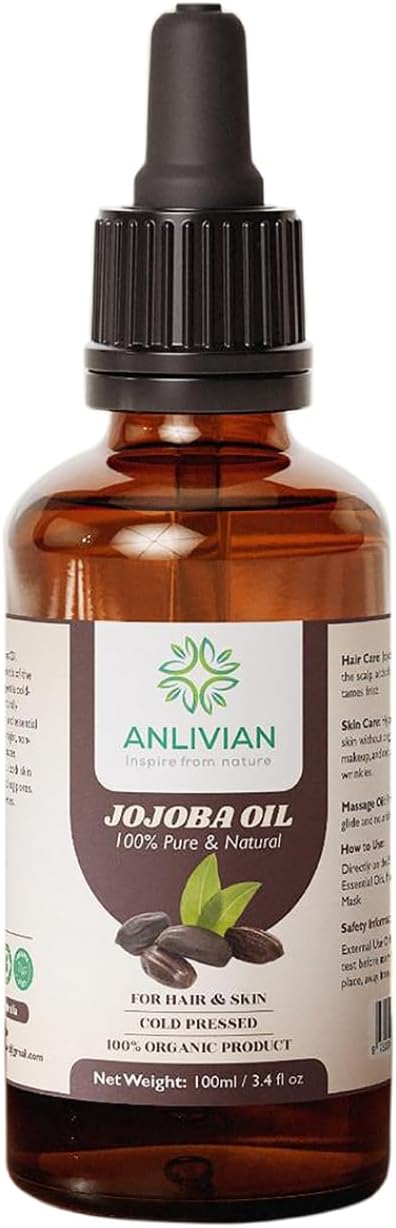 Anlivian Pure Cold Pressed Jojoba Oil, 100ml, Natural Carrier Oil For Hair and Skin Care, Nail, Makeup Remover, Facial Moisturizer 100% Pure Packed In Australia.