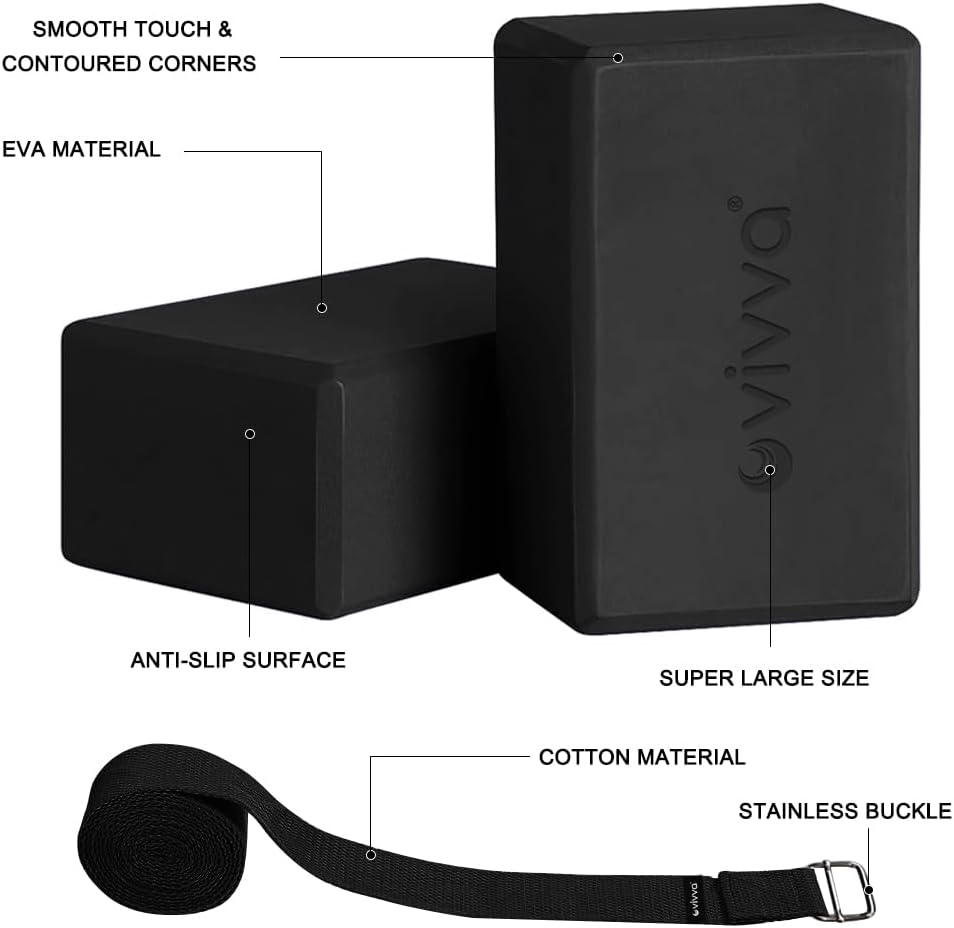 Vivva Yoga Blocks 2 Pack with Strap Non-Slip Extra Large 9 x 6X 4 inches, EVA Foam Yoga Brick with 250cm Yoga Strap to Improve Strength Balance for Yoga Pilates Meditation