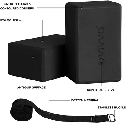 Vivva Yoga Blocks 2 Pack with Strap Non-Slip Extra Large 9 x 6X 4 inches, EVA Foam Yoga Brick with 250cm Yoga Strap to Improve Strength Balance for Yoga Pilates Meditation