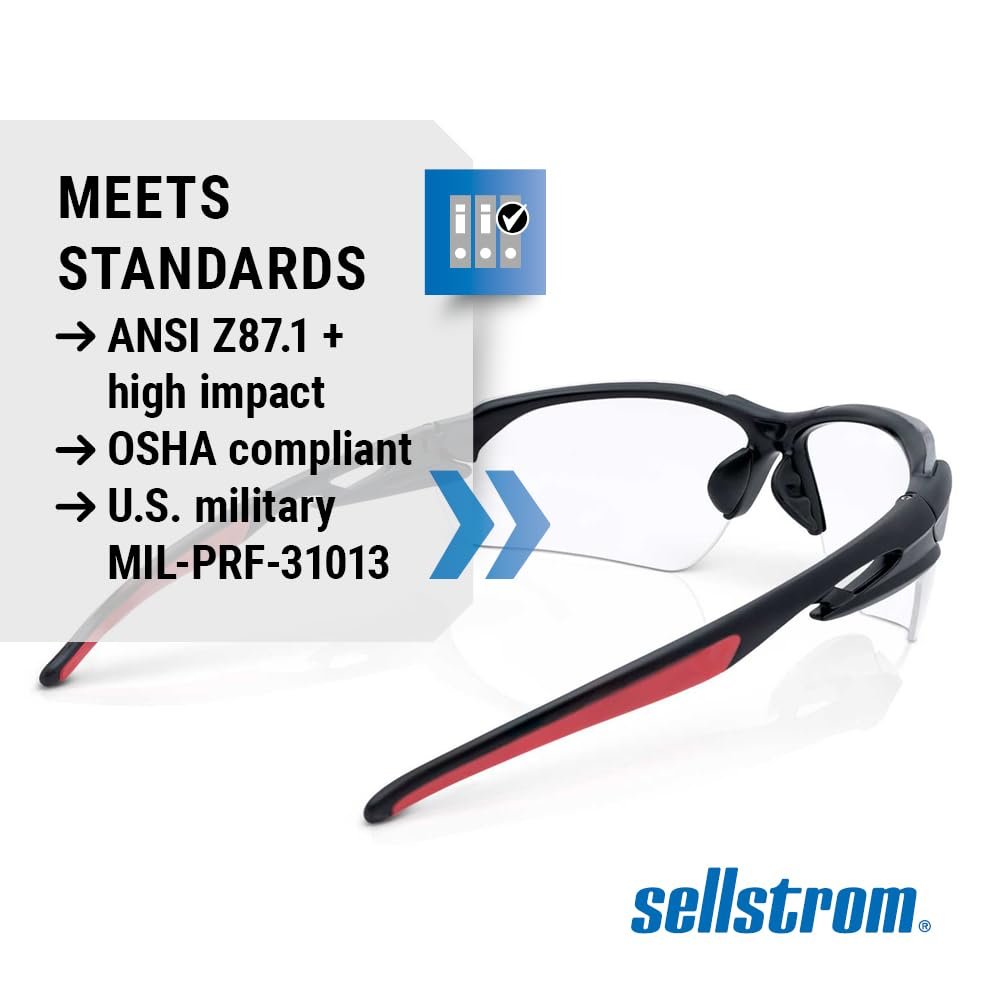 Sellstrom Sleek, Slip-Resistant, Anti-Fog Hard Coating Protective Eyewear Safety Glasses, Clear Lens, Co-Molded Temples, High Impact Optical Correct Wrap Style PC Lens, Soft Nose Piece (Qty 1), S72300