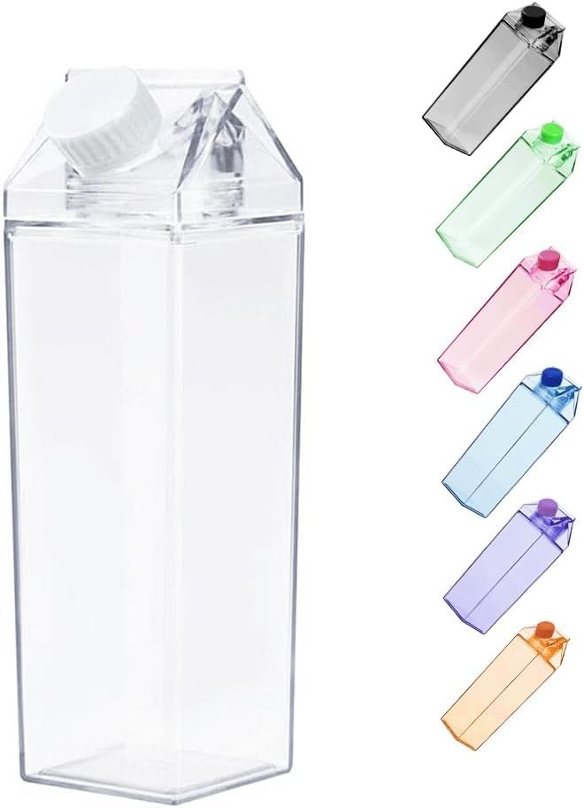 Jinberry 1000ml/34oz Cute Leakproof Clear Milk Carton Water Bottle Portable Drinkware for Outdoor Climbing Tour or Camping
