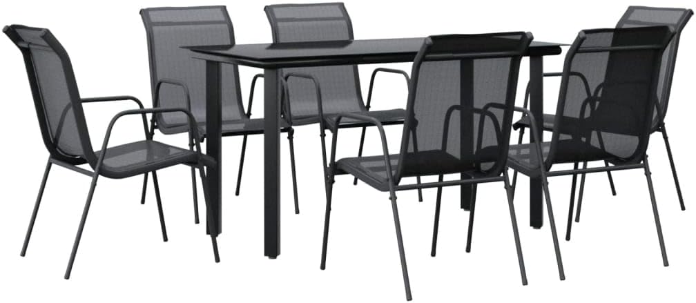 vidaXL 7-Piece Outdoor Garden Dining Set - Black and Anthracite - Weather-Resistant Steel and Textilene Construction with Tempered Glass Tabletop