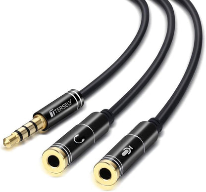 T Tersely Headset Adapter for Audio and Mic Plugs, Stereo 3.5mm Y Splitter Cable Adapter (Double Female 3 Pole to Single Male 4 Pole) Gold Plated for Xbox One, PS4, Switch, Smartphone, Laptop CTIA