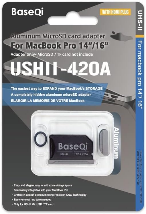 BASEQI UHS-II Aluminum microSD Adapter for 2021 M1 MacBook Pro 14 & 16â€ (Adapter with HDMI Dust Plug, Space Gray)