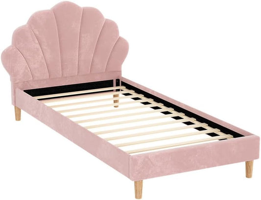 Artiss Bed Frame King Single Scallop-Shape BedHead Beds Base Pink Velvet Fabric