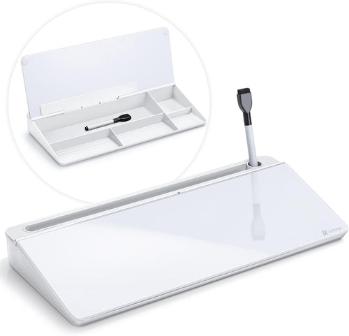 Varhomax Desk Whiteboard Dry Erase Glass Whiteboard, Desktop White Board to-do List Memo Notepad for Home Office and School Accessories Supplies with Storage Caddy for Computer Keyboard Stand (White)