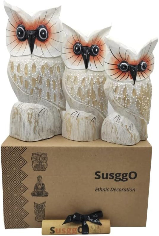 SusggO Set of 3 Wooden Animal Figurines, Lucky Owl, Lucky Cat, Turtle, Fish, Decoration, Hand Carved Furniture Decoration (3 Owls White Wings Dots Mod 1)