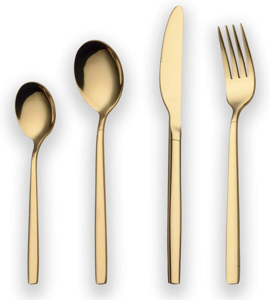 Berglander 24 Piece Titanium Gold Plated Stainless Steel Cutlery Set, 24 Pieces Golden Flatware Set, Gold Silverware Set Cutlery Sets, Service for 6 (Shiny Gold)
