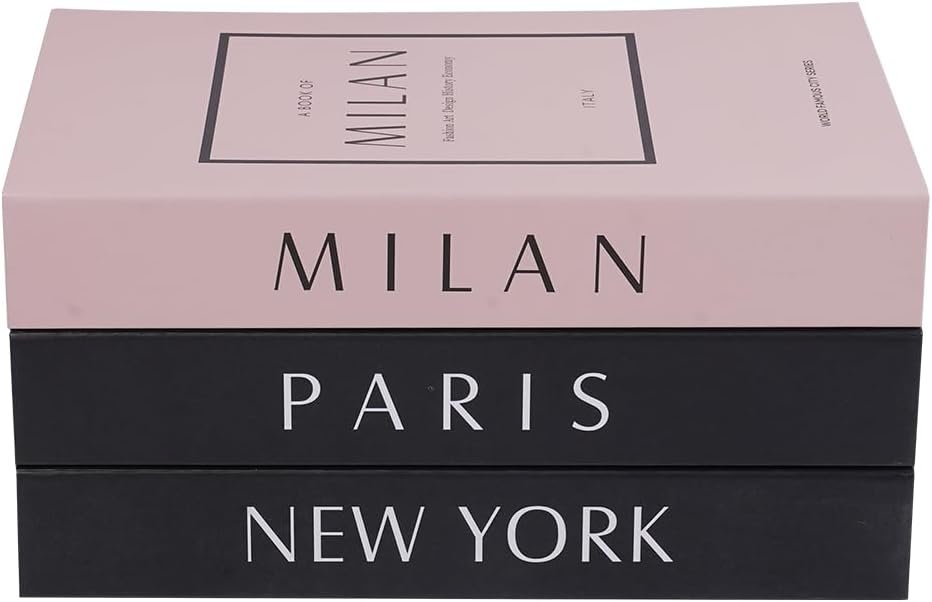 3 pcs City Decorative Books Set for Home Decor,Modern Black and Pink Faux Books,Hardcover Book,Stackfor Coffee Table and Shelf Accessories (Paris/Milan/Newyork)
