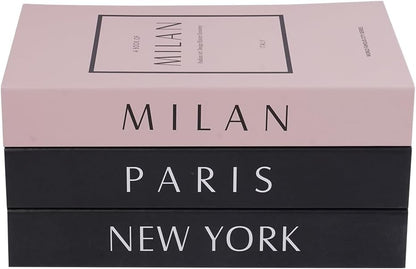 3 pcs City Decorative Books Set for Home Decor,Modern Black and Pink Faux Books,Hardcover Book,Stackfor Coffee Table and Shelf Accessories (Paris/Milan/Newyork)