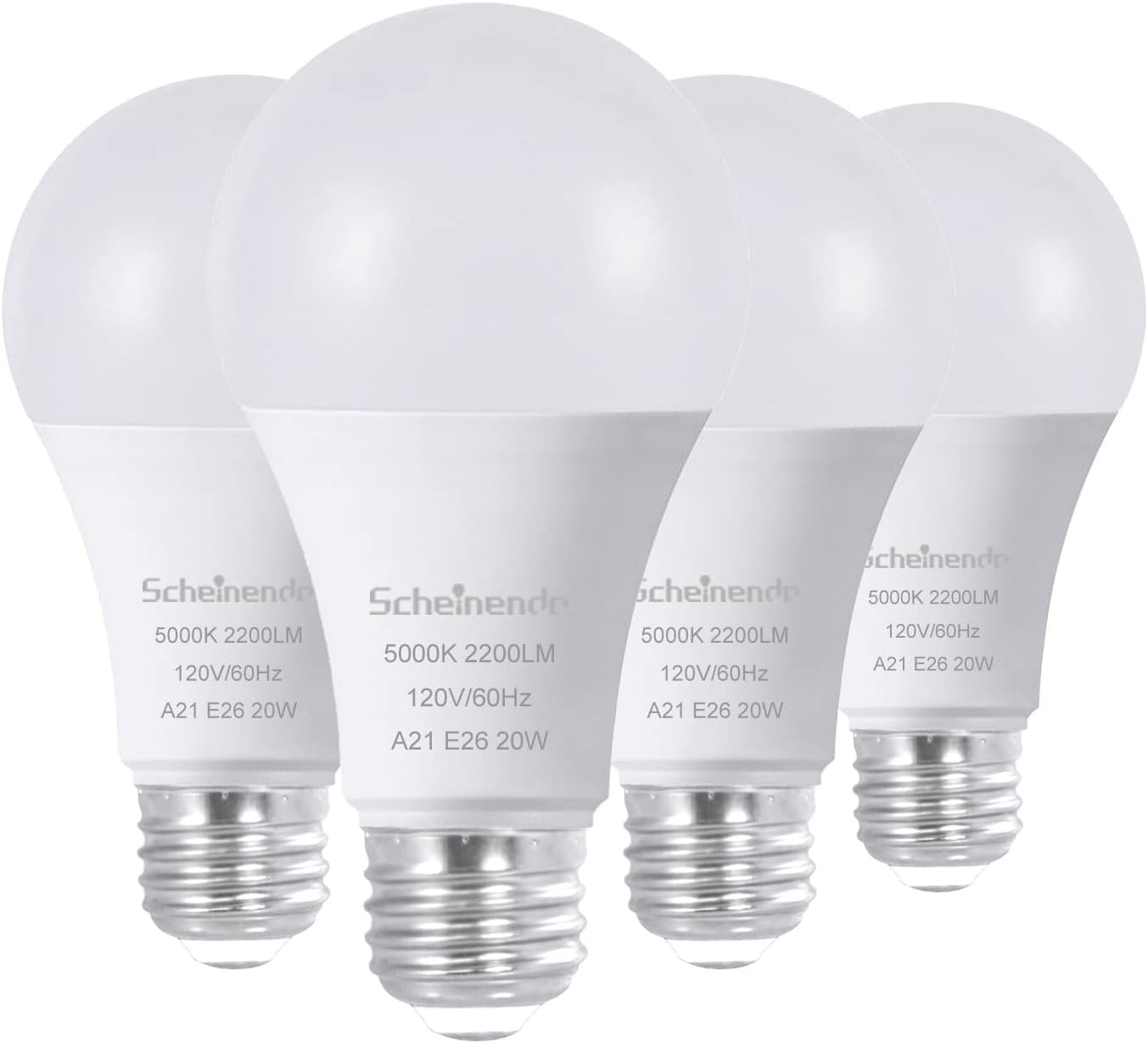 Scheinenda LED Light Bulbs 150W Equivalent(20w)，A21 LED Bulb 2200LM High Lumens and 5000K Daylight Non-dimmable Lighting, E26 Base LED Bulb for Home Lighting, Ceiling Fixture, Pack of 4