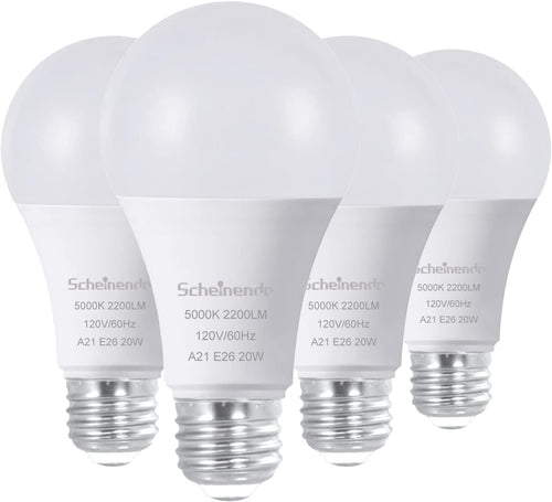 Scheinenda LED Light Bulbs 150W Equivalent(20w)，A21 LED Bulb 2200LM High Lumens and 5000K Daylight Non-dimmable Lighting, E26 Base LED Bulb for Home Lighting, Ceiling Fixture, Pack of 4