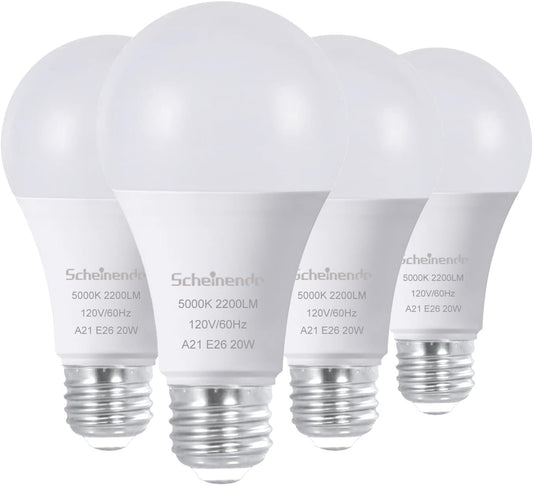 Scheinenda LED Light Bulbs 150W Equivalent(20w)，A21 LED Bulb 2200LM High Lumens and 5000K Daylight Non-dimmable Lighting, E26 Base LED Bulb for Home Lighting, Ceiling Fixture, Pack of 4