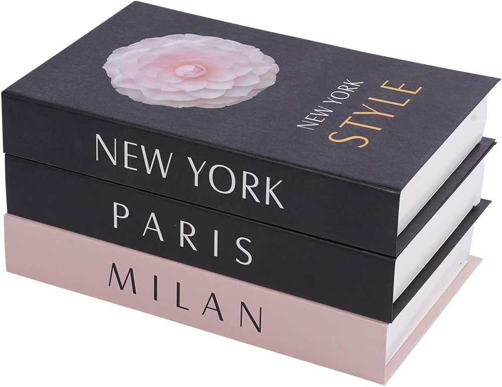 3 pcs City Decorative Books Set for Home Decor,Modern Black and Pink Faux Books,Hardcover Book,Stackfor Coffee Table and Shelf Accessories (Paris/Milan/Newyork)