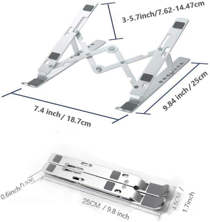 Portable Laptop Stand, JDOX Aluminium Adjustable Laptop Stand for Desk, 7 Adjustable Heights, Foldable Laptop Stand Compatible with MacBook, HP, Dell Laptop and Tablet, Silver