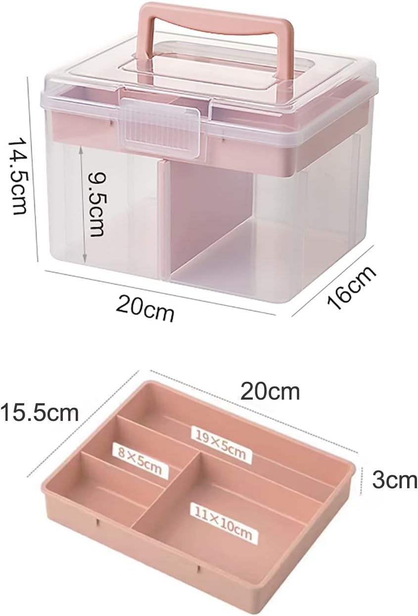 FOREVERIE Small Portable Plastic Cosmetic Case with Handle & Removable Tray & Adjustable Divider, Beauty Ornaments Hair Nail Accessories Storage Box, Sewing Box Organizer, Kids Art Box (Clear & Pink)