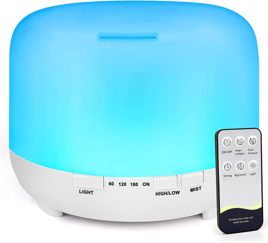 Husdow Essential Oil Ultrasonic Aromatherapy Diffuser with Remote Control 500ml Waterless Auto Shut-Off Humidifier Diffuser with 4 Timer and Changing Light for Home Yoga Office Kitchen Bedroom
