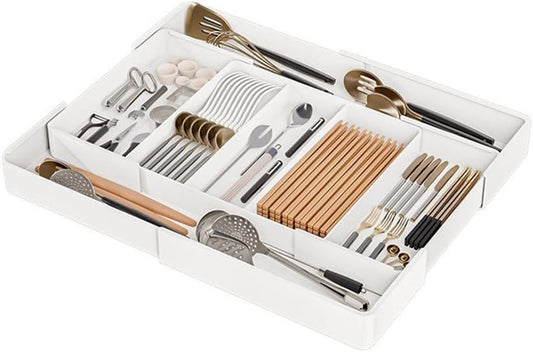 Cutlery Drawer Organiser, Expandable Cutlery Organiser, Plastic Utensil Drawer Organiser for Silverware, Flatware, Utensils, Cutlery, Accessories or Gadgetsï¼ˆWhiteï¼‰